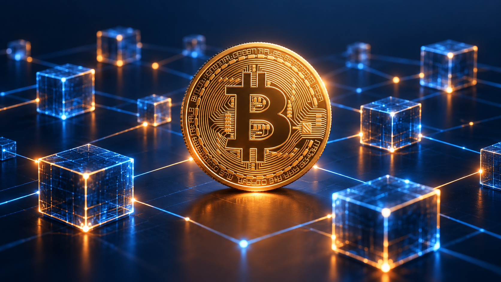 Монета Bitcoin и соединённые блоки сети блокчейн