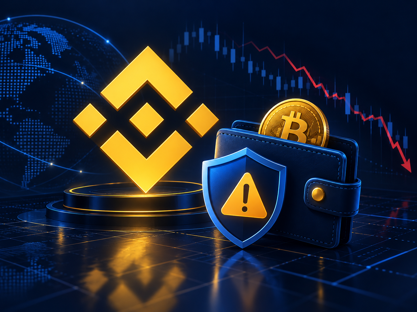 Иллюстрация: символ Binance, криптокошелёк с предупреждением и снижение курса Bitcoin