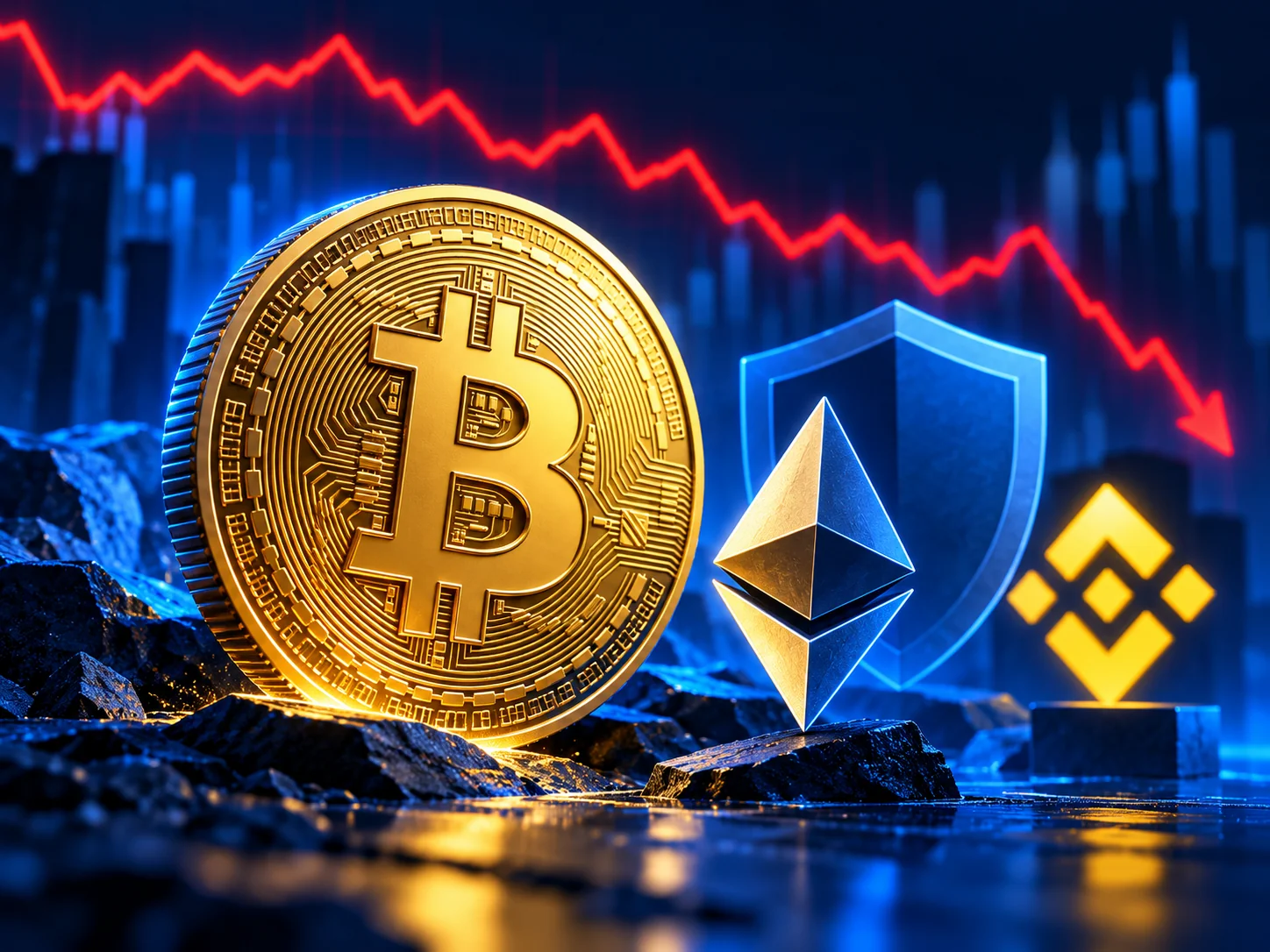 Монеты Bitcoin и Ethereum на фоне символической нисходящей линии рынка и щита безопасности