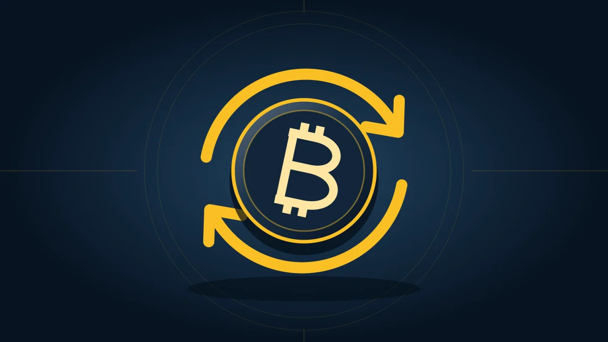 Монета Bitcoin и круговые стрелки: иллюстрация коррекций и восстановления рынка