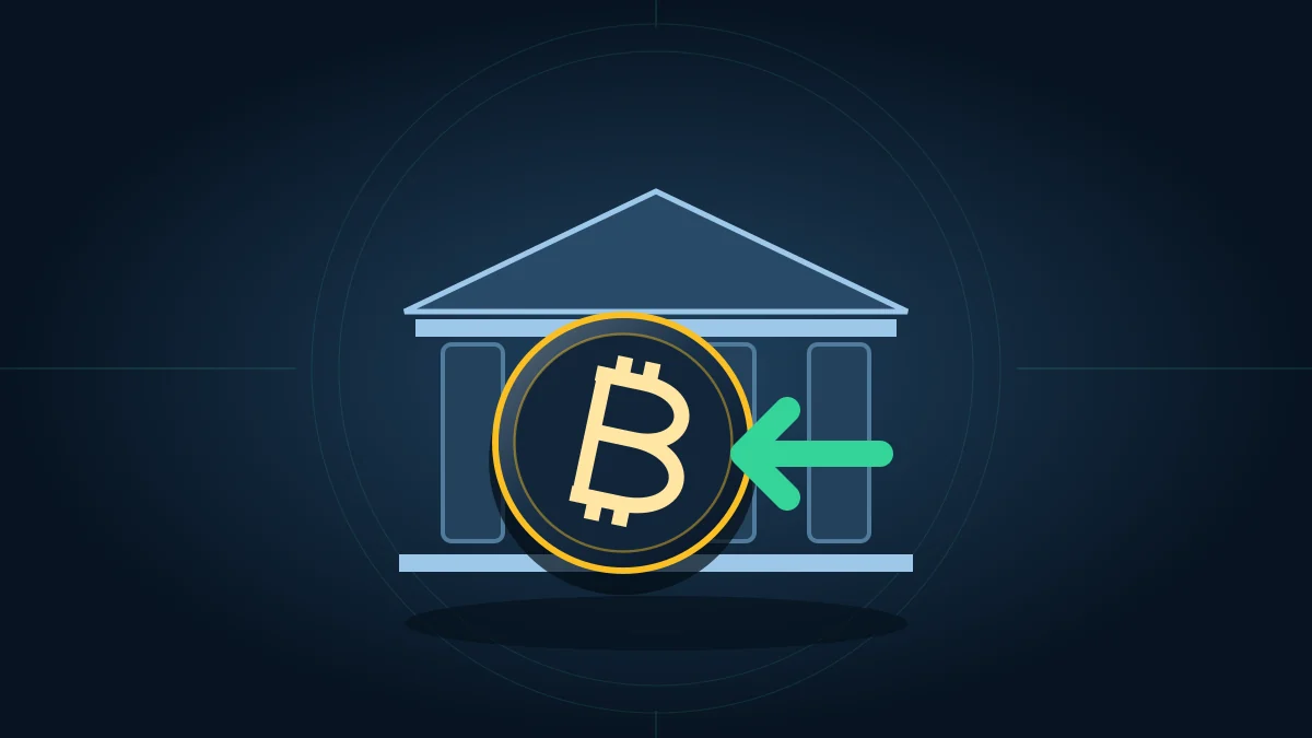 Монета Bitcoin перед зданием фонда и направленная внутрь стрелка: приток капитала в ETF