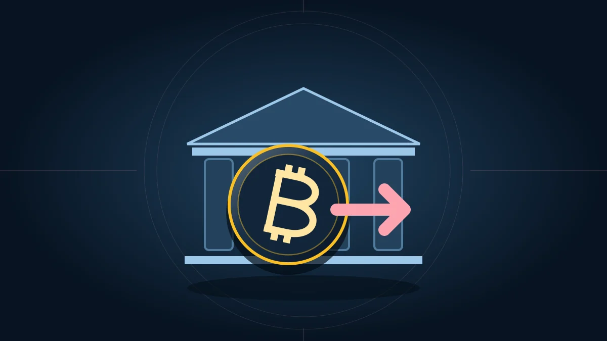 Монета Bitcoin у здания фонда и направленная наружу стрелка: отток капитала из ETF