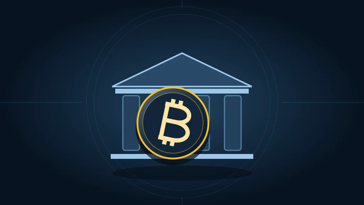 Монета Bitcoin перед классическим зданием банка: влияние денежной политики