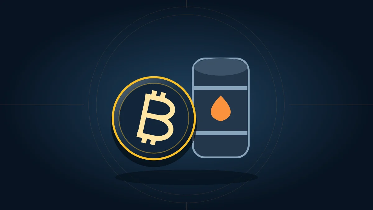 Монета Bitcoin рядом с нефтяной бочкой: иллюстрация макроэкономических факторов