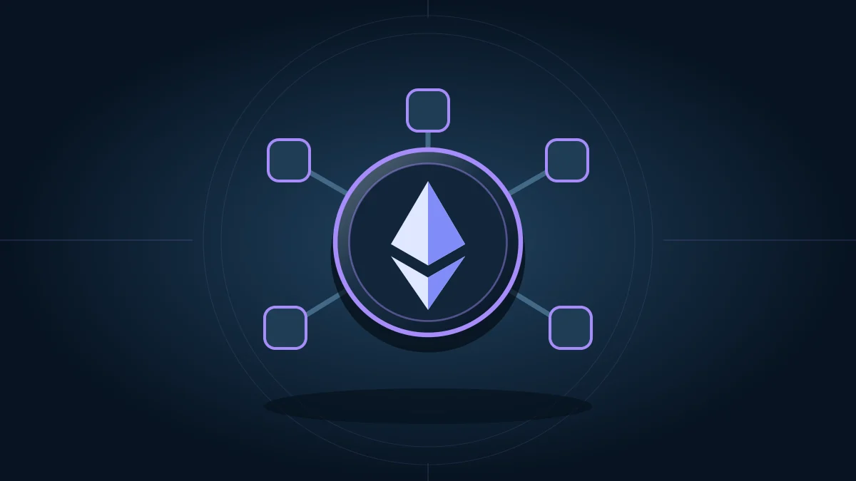 Символ Ethereum и соединённые блоки: иллюстрация обновлений сети