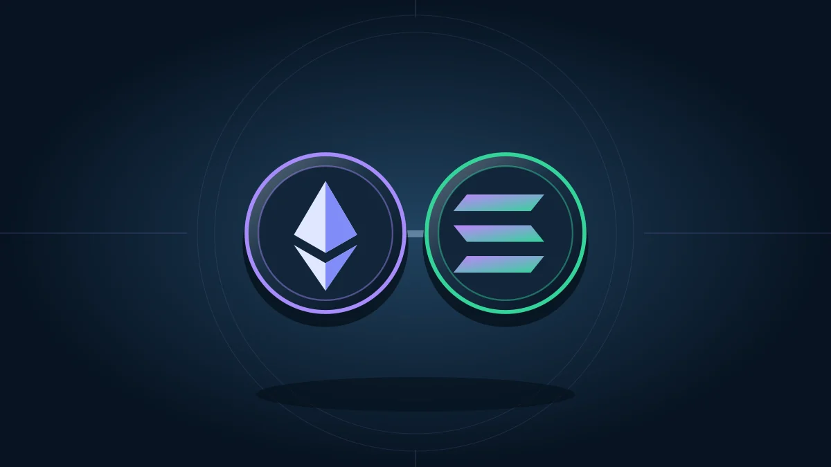 Символы Ethereum и Solana на двух соединённых монетах